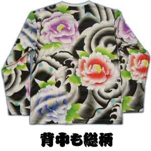 画像2: メンズ 和柄 長袖Ｔシャツ 刺青プリント総柄みきり花柄ポリエステルドライＴ 和柄服