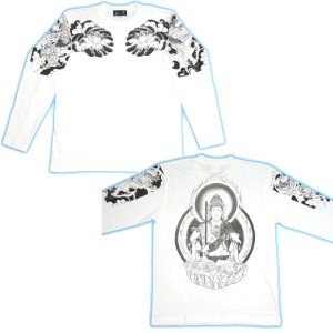 画像5: 虚空蔵菩薩 刺青風 仏像画 和柄長袖Ｔシャツ 「紅雀」 通販 名入れ刺繍可 胸割和彫り 蓮デザイン 和柄服