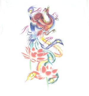 画像1: 紅雀 和柄 鳳凰 蓮 フルカラー プリント Ｔシャツ 刺青 和彫り デザイン