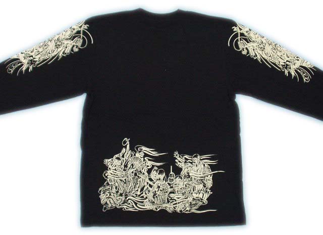 画像: 舞踊 髑髏 と輪入道 和柄 長袖Ｔシャツ 刺青デザインの紅雀（名入れ刺繍可）通販 和柄服