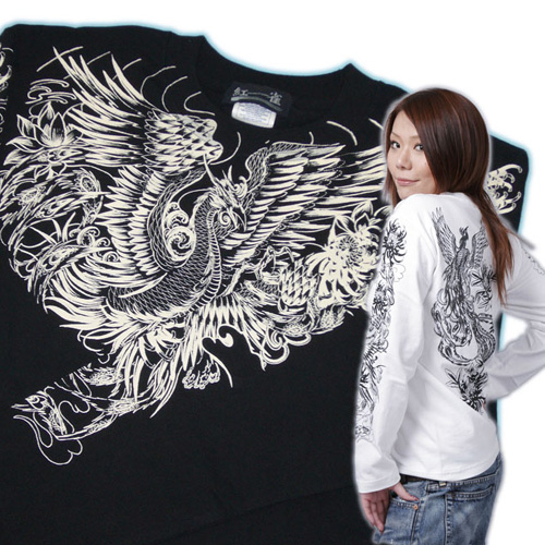 画像1: 鳳凰 刺青 デザイン 菊 和柄 長袖Ｔシャツ ブランド紅雀 (名入れ刺繍可) 和彫り 通販 和柄服