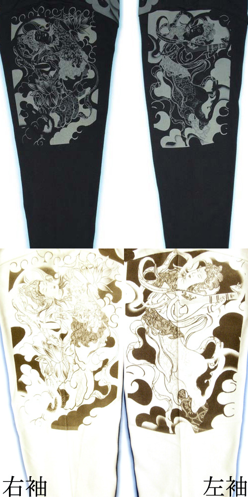 画像: 虚空蔵菩薩 刺青風 仏像画 和柄長袖Ｔシャツ 「紅雀」 通販 名入れ刺繍可 胸割和彫り 蓮デザイン 和柄服