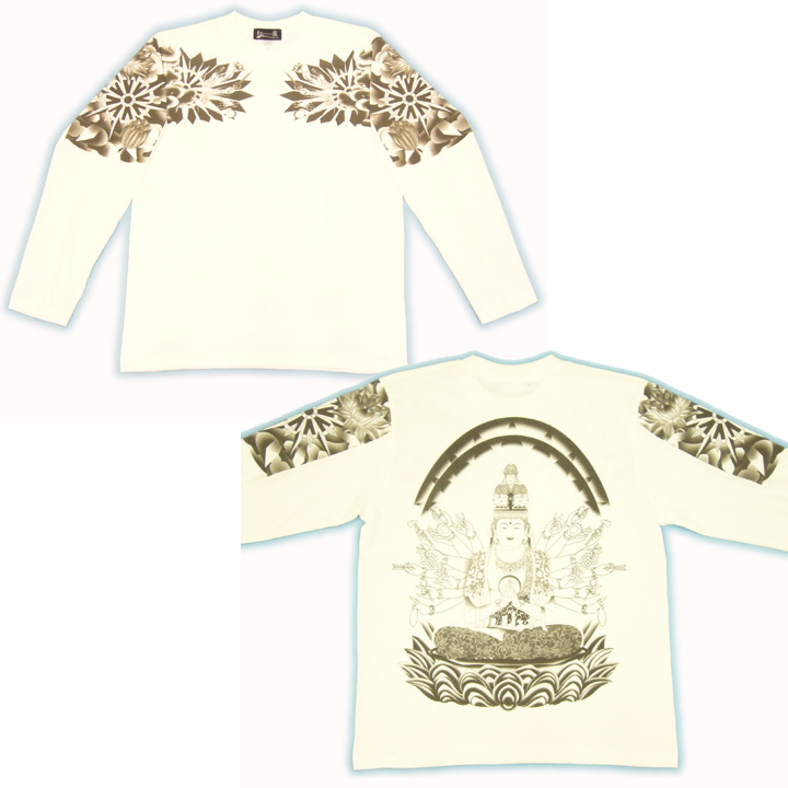 画像5: 千手観音 刺青 胸割 和柄 長袖Ｔシャツ 紅雀仏像画 通販 名入れ刺繍可 和彫り (十一面観音) 和柄服