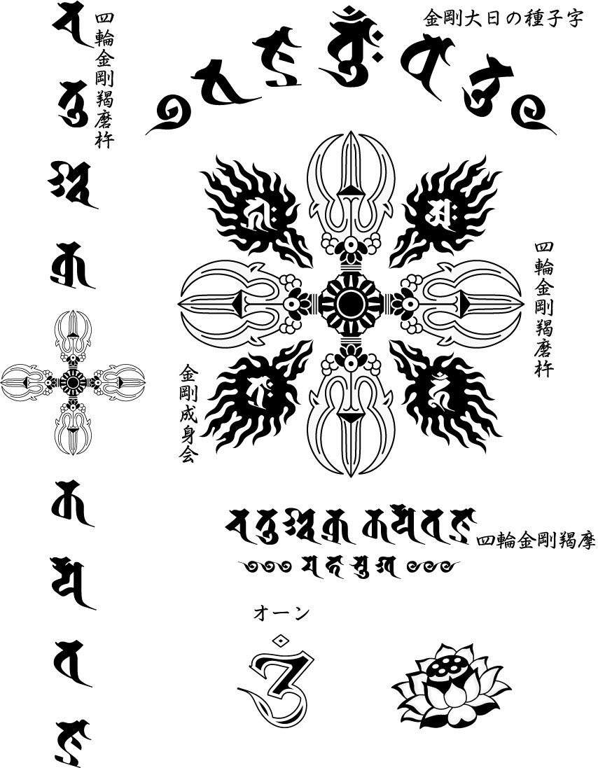 画像: 金剛羯磨 梵字 長袖Ｔシャツ 刺青 デザイン 梵字タトゥー Tシャツの袖にデザイン （名入れ刺繍可）通販 和柄服