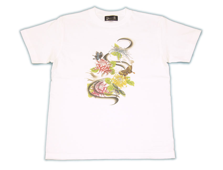 画像: 紅雀 和柄 菊 蝶 フルカラー プリント Ｔシャツ 刺青 和彫り デザイン